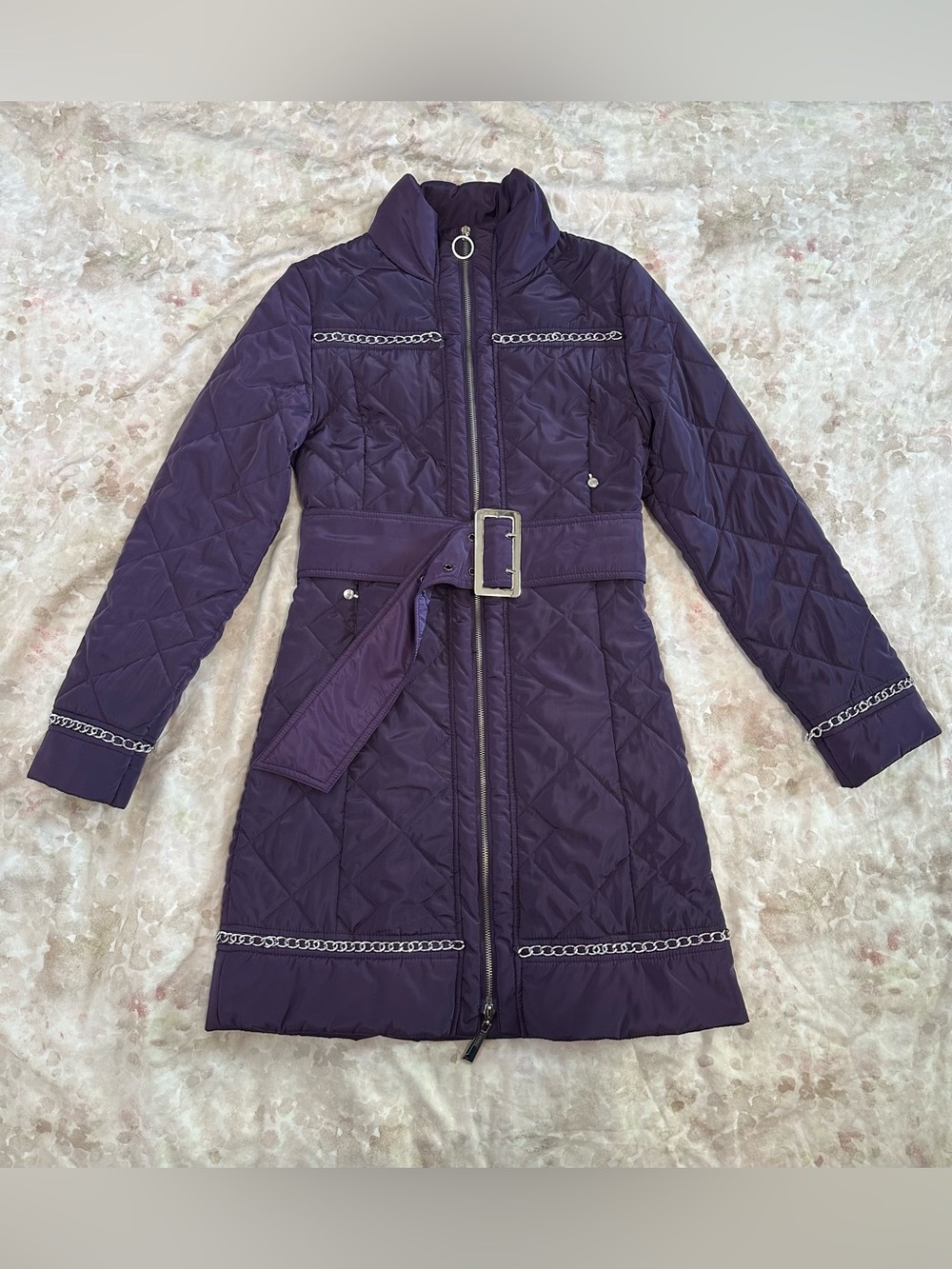Just Cavalli Purple Quilted Belted Long Puffer Coat
